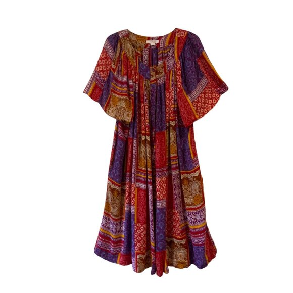 Go Softly Patio Womens Boho Midi Dress Size Medium Multicolor Patchwork Rayon - Picture 2 of 4